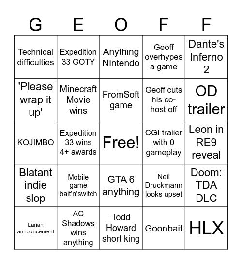 TGA 2025 Bingo Card