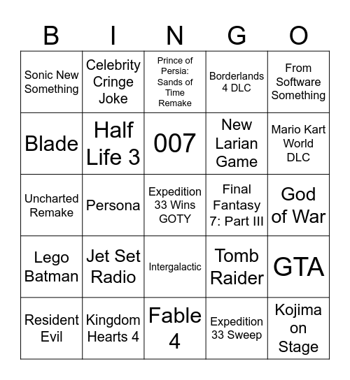 Game Awards 2025 Bingo Card