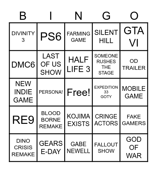 THE GAME AWARDS 2025 Bingo Card
