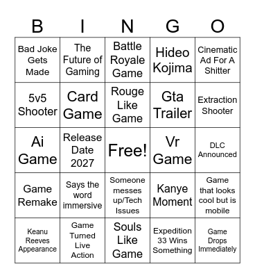 Game Awards Bingo Card