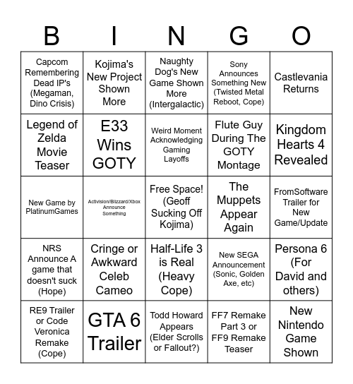 Game Awards 2025 Predictions Bingo Card