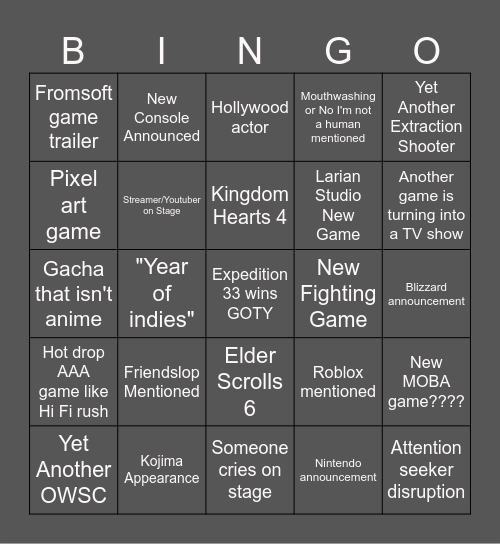 The Games Award BAP Bingo Card