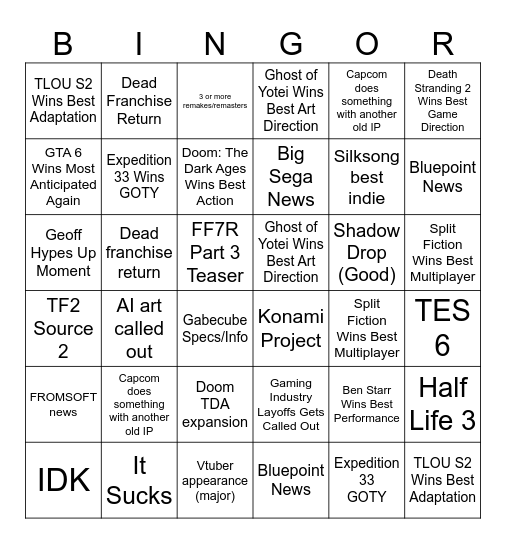 The Game Awards 2025 Bingo Card