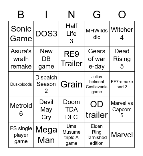 TGA 2025 Bingo Card