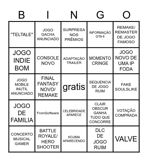 BINGO DO TGA Bingo Card
