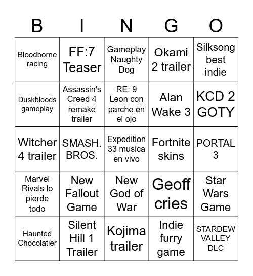 The Games Awards Bingo Card