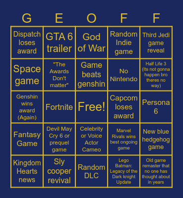 Geoff the bingo Game awards Bingo Card