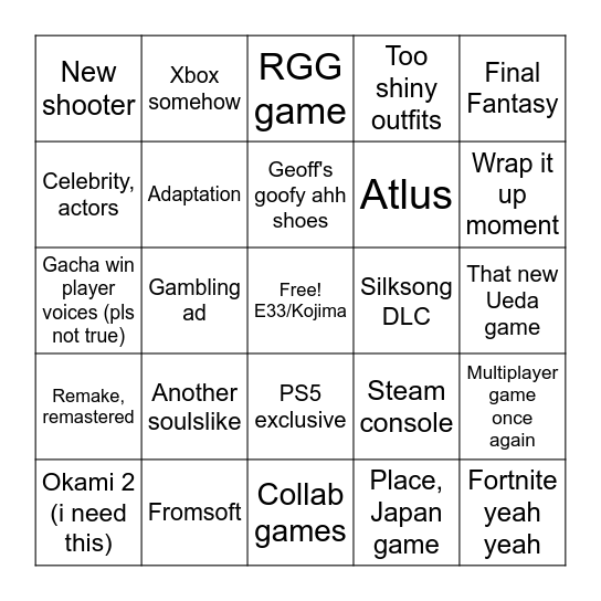 TGA 2025 Bingo Card