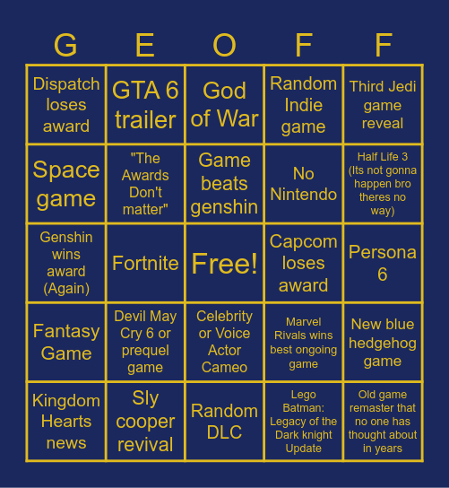 Geoff the bingo Game awards Bingo Card