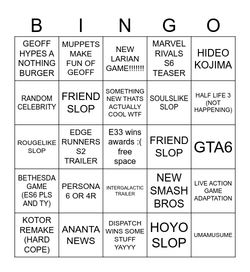 GAME AWARDS PREDICTIONS/HOPES Bingo Card