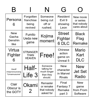 TGA Bingo Card