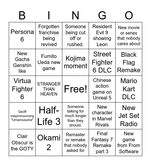 TGA Bingo Card