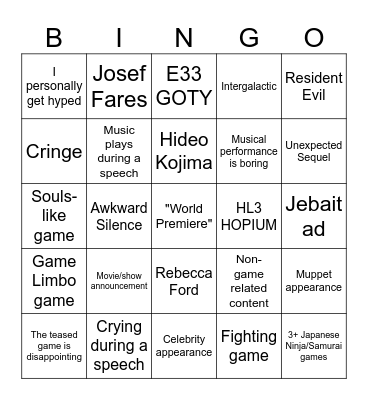 Game Awards 2025 Bingo Card