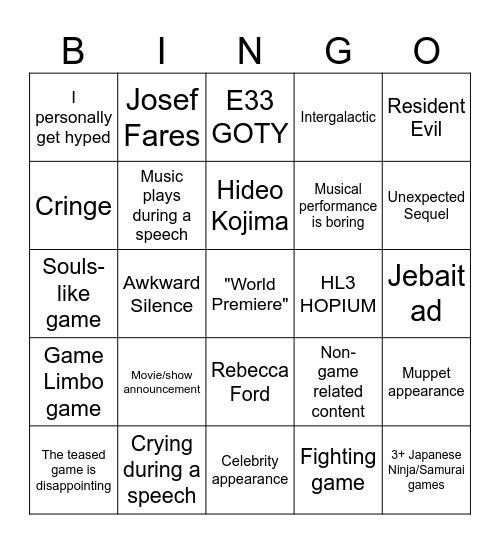 Game Awards 2025 Bingo Card