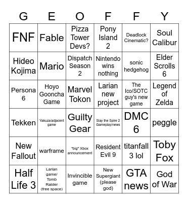 Game Awards Bingo Card