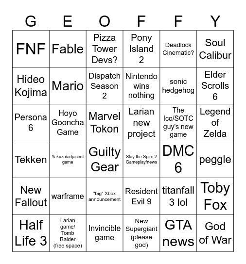 Game Awards Bingo Card