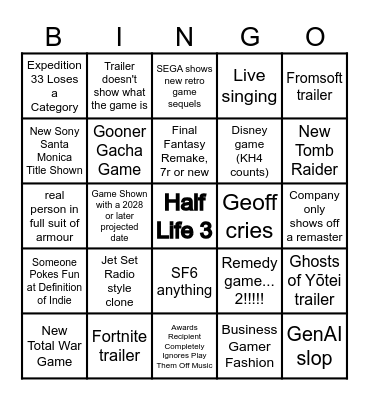 TGA Bingo Card