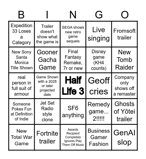 TGA Bingo Card