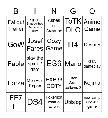 TGA Bingo Card