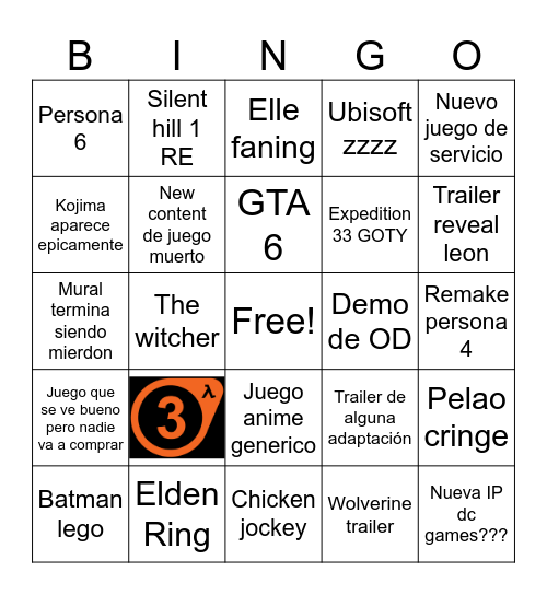 Game Awards Bingo Card