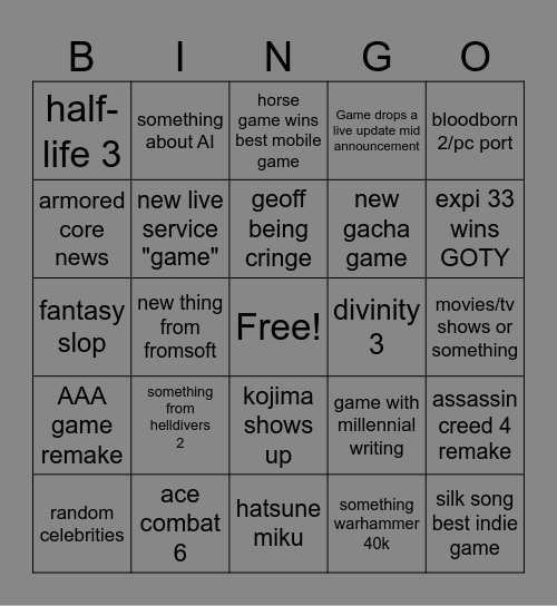 the game awards 2025 Bingo Card