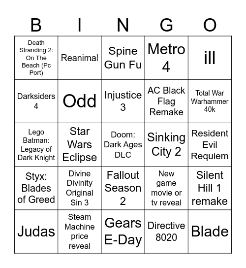 Game Awards 2025 Bingo Card