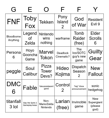 Game Awards Bingo Card