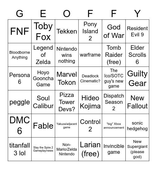 Game Awards Bingo Card