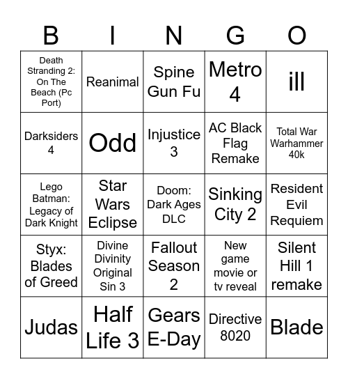 Game Awards 2025 Bingo Card