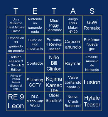 Game Awards 2025 Bingo Card