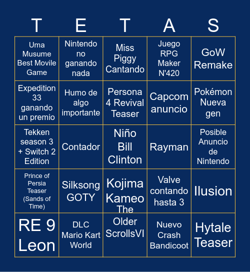 Game Awards 2025 Bingo Card