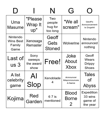 2025 Game Awards Bingo Card
