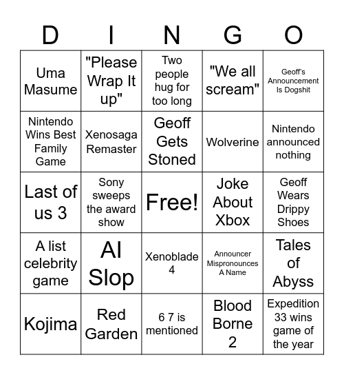 2025 Game Awards Bingo Card