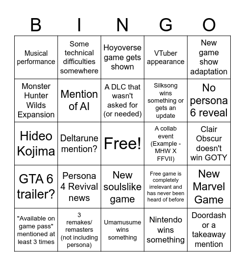 Game awards 2025 bingo card Bingo Card