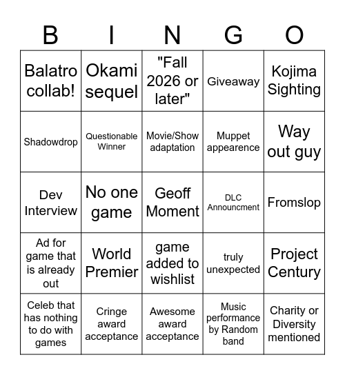 Game Awards 2025 Bingo Card
