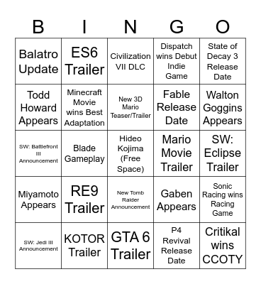 TGA 2025 Bingo Card