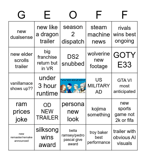 TGA 2k25 Bingo Card