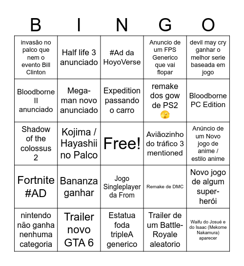 TGA Bingo Card