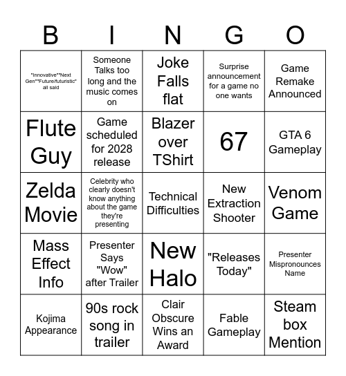 Game Awards Bingo Card
