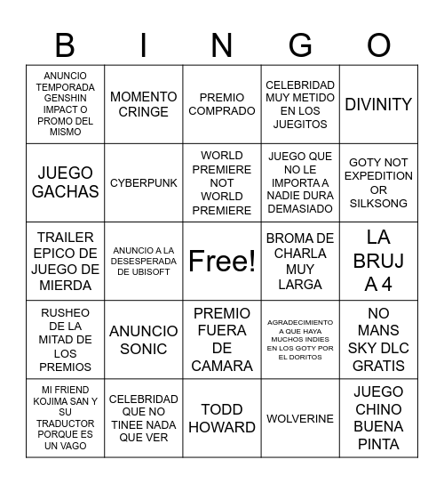 GAME AWARDS 2025 Bingo Card