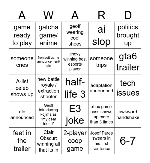 game awards Bingo Card