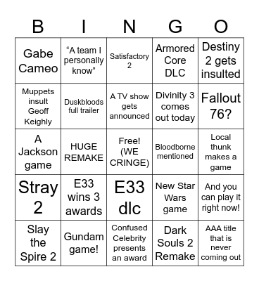 Game Awards Bingo Card