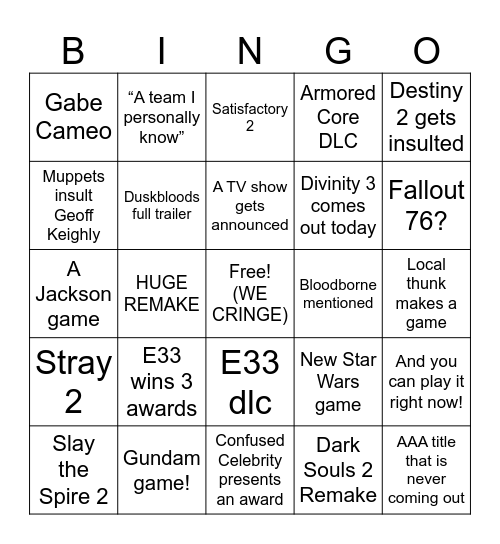 Game Awards Bingo Card
