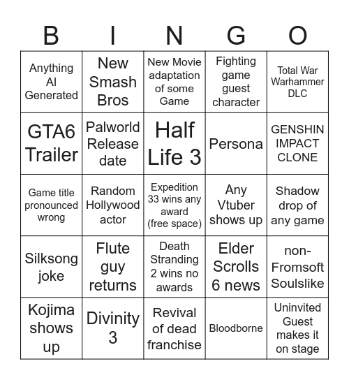 Game Awards Bingo Card