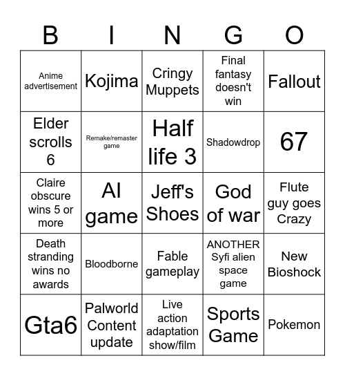 Game awards 2025 Bingo Card