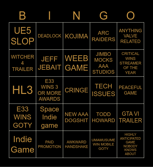 GAME AWARDS Bingo Card
