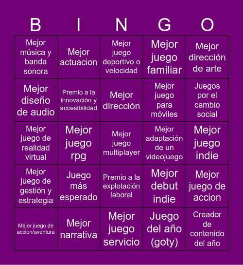 Game Awards bingo Card