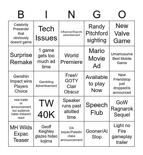 TGA 2025 Bingo Card