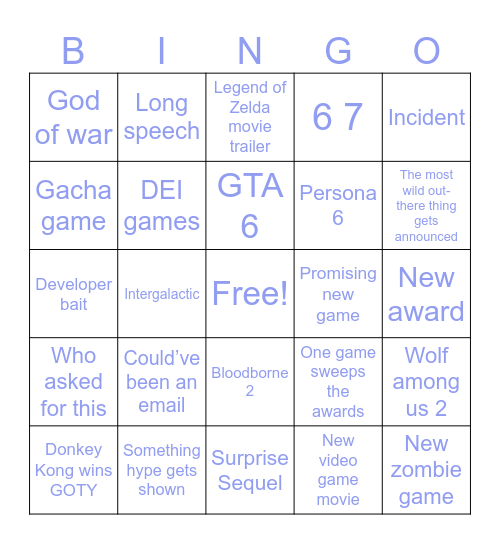 Game Awards Bingo Card