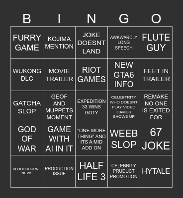 Game awards 2025 Bingo Card